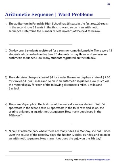 Arithmetic Sequence Word Problems Worksheet に対する画像結果
