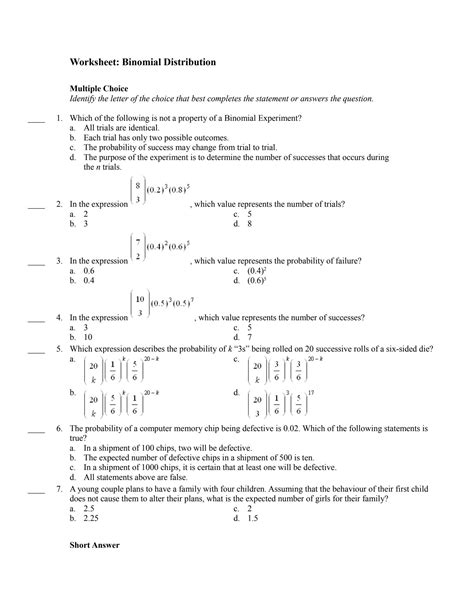 Image result for AP Statistics Binomial Distribution Worksheet