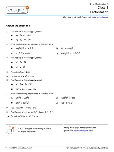 Image result for Factorisation Class 8 Practice Questions
