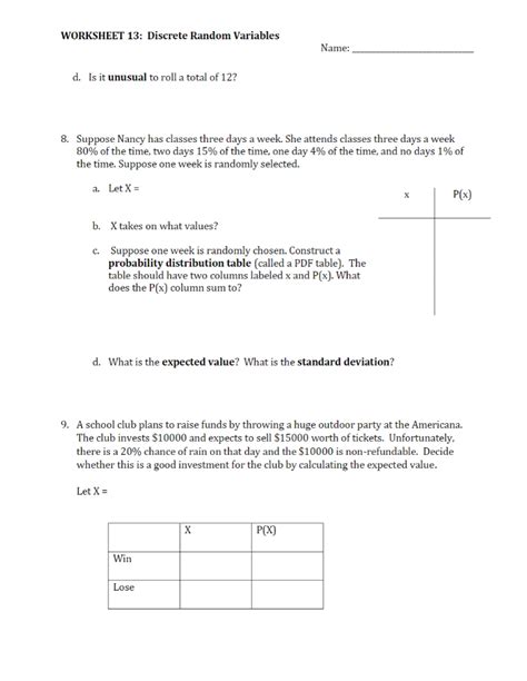 Image result for More Random Variables Worksheet