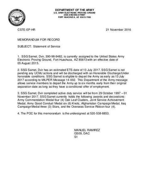 Image result for Statement of Military Service Example