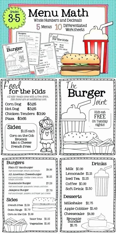 Afbeeldingsresultaten voor Menu Math Worksheets