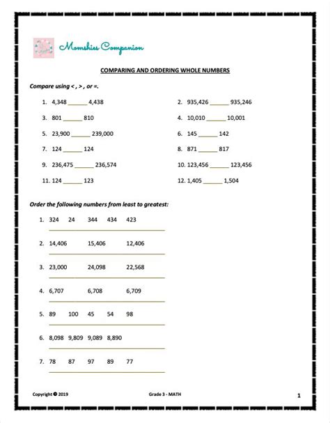 Image result for Comparing and Ordering Numbers .Pdf 3rd Grade