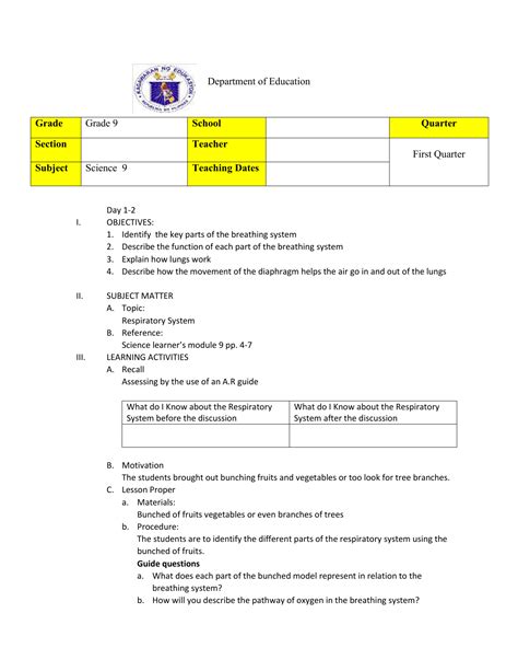 Image result for Lesson Plan Investigating Respiratory System