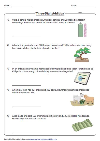 Afbeeldingsresultaten voor 3-Digit Addition Word Problems Worksheet