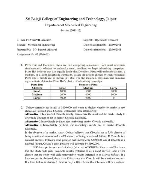 Image result for Operations Research Assignment Problem Template