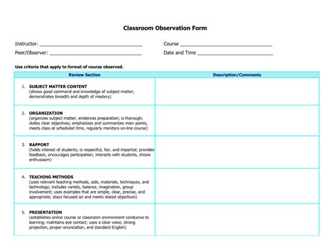 Image result for Classroom Observation Form Example