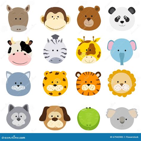 Set Of Cartoon Animals Faces. Vector Collection Of Cute Jungle A Stock ...