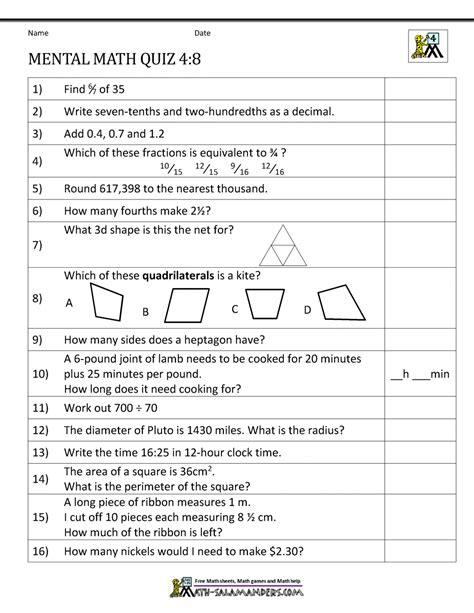 Image result for Math Test 4th Grade to Print