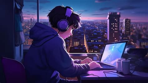 Toradh íomhá ar Anime Boy Using Computer