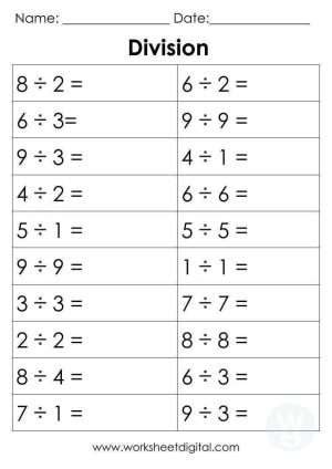 Image result for Division 1 Digit Table Worksheet