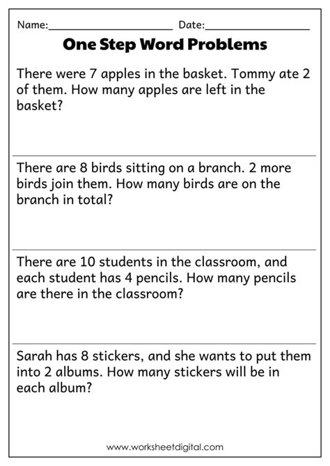 Afbeeldingsresultaten voor Free Printable One Step Word Problems