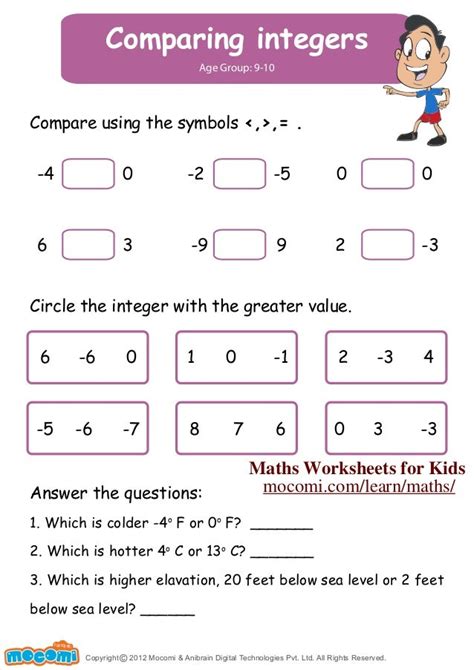 Image result for Comparing Integers Worksheet with Answers PDF