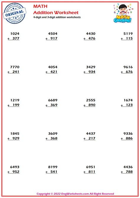 Image result for Four-Digit and Three Columns Addition Worksheet