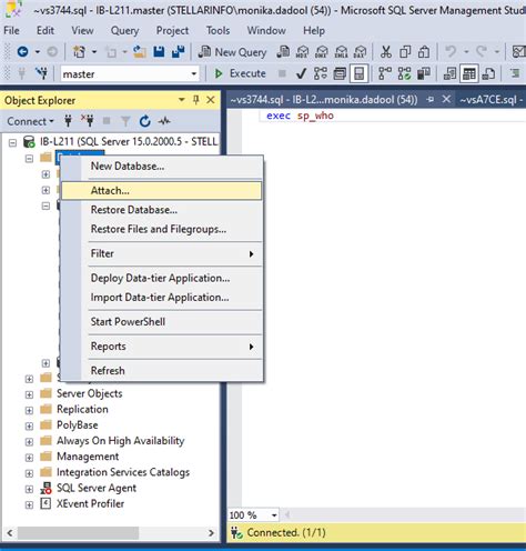 Attach SQL Server Database ਲਈ ਪ੍ਰਤੀਬਿੰਬ ਨਤੀਜਾ