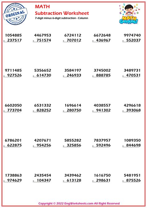 Image result for Math Subtraction 7 Digit