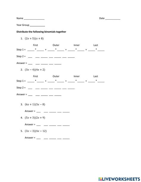 Image result for Multiplying Binomials Foil Method Worksheet