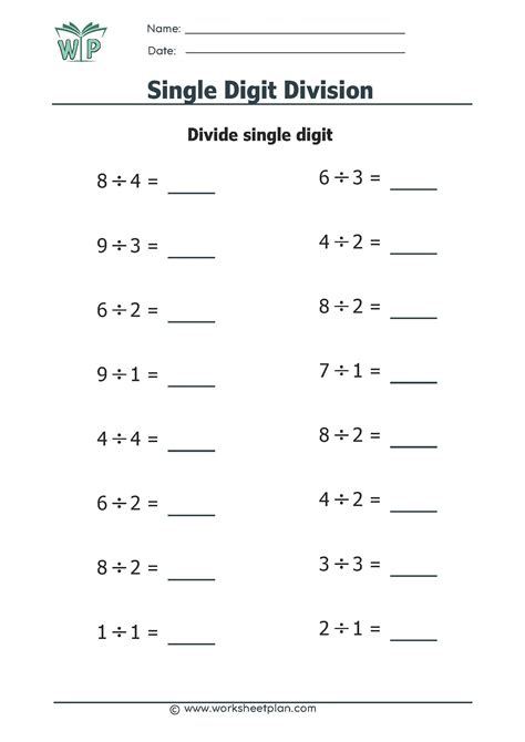 Image result for Division 1 Digit Table Worksheet