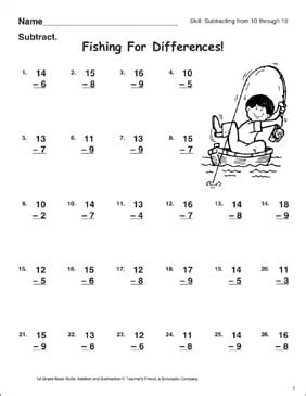 Toradh íomhá ar Subtraction Fishing Worksheet