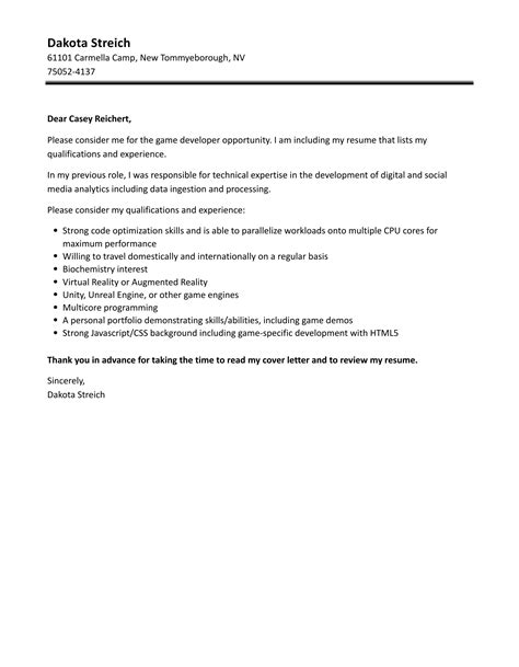 Image result for Game Developer Cover Letter