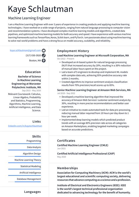 Image result for Machine Learning Engineer Entry Level Resume Sample