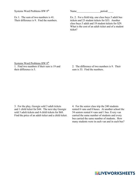 Image result for Systems of Equations Word Problems Worksheet