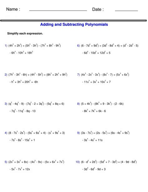Image result for Addition of Polynomials Worksheet