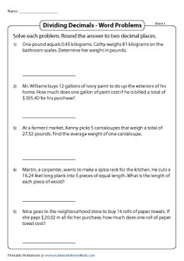 Toradh íomhá ar Decimal Word Problems Worksheet for Class 5