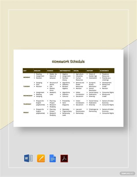 Image result for Printable Homework Schedule