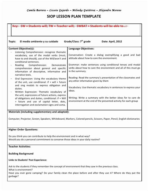 Image result for SIOP Lesson Plan Template 3 Example