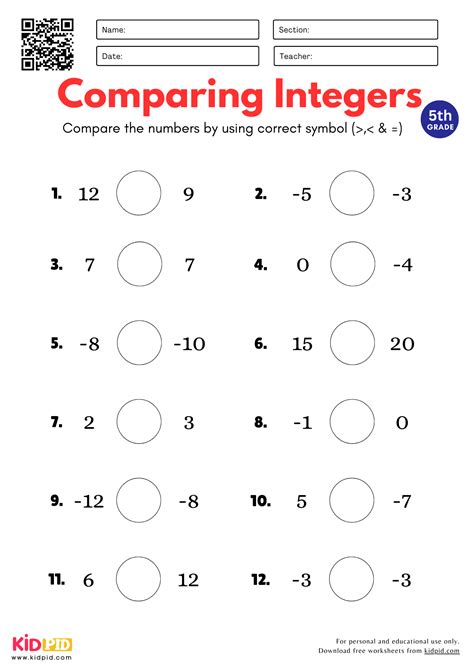 Toradh íomhá ar Worksheet About Integers