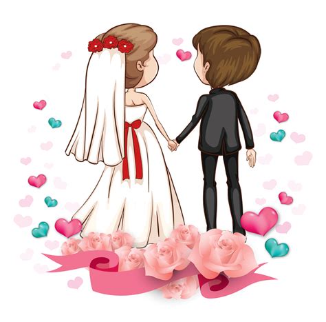 Cute Wedding Couple Cartoon, Whimsical Marriage Scene, Adorable Bride ...