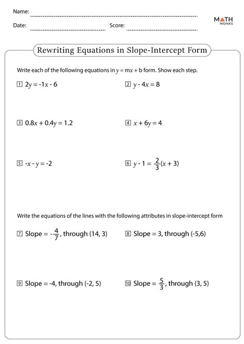 Slope Intercept Form Worksheets with Answer Key