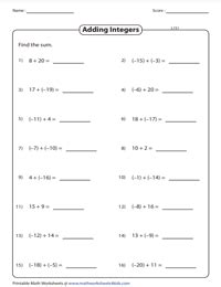 Image result for Free Printable Adding Integers Worksheets