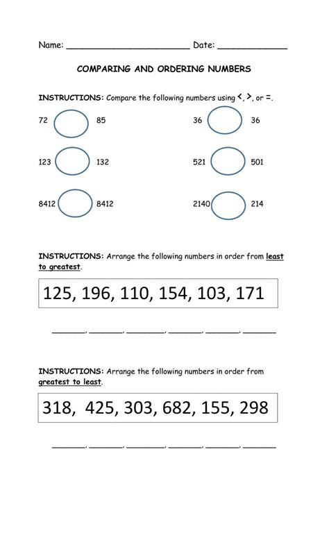 Toradh íomhá ar Compare and Order Whole Numbers Worksheet