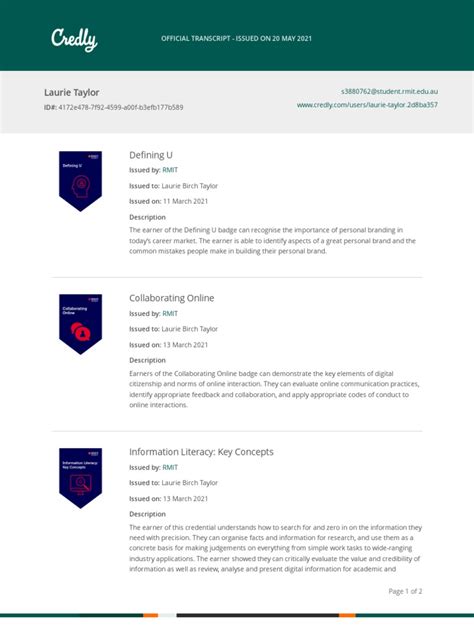 Toradh íomhá ar Credly Transcript. Example