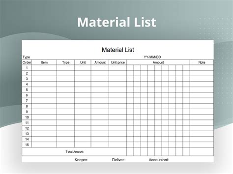 Image result for Example of a Project Management Material List