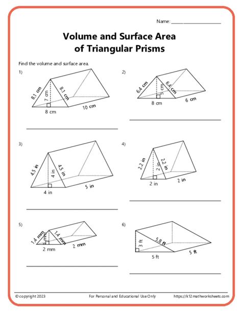 Volume and Surface Area of Triangular Prisms - K12 Math Worksheets