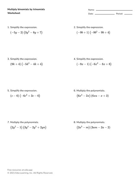 Image result for Multiplying Binomial by Trinomial Worksheet