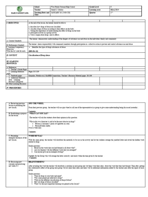 Toradh íomhá ar Daily Lesson Plan Sample