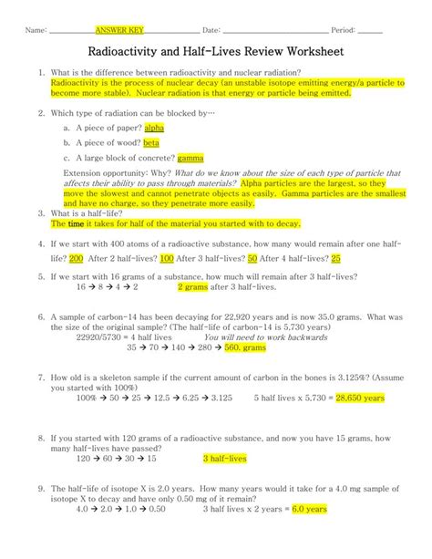 Image result for Half-Life Formul for 9th Graders Worksheet Answer Key