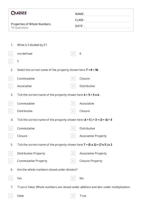 Afbeeldingsresultaten voor Class 6 Whole Numbers Properties Worksheet