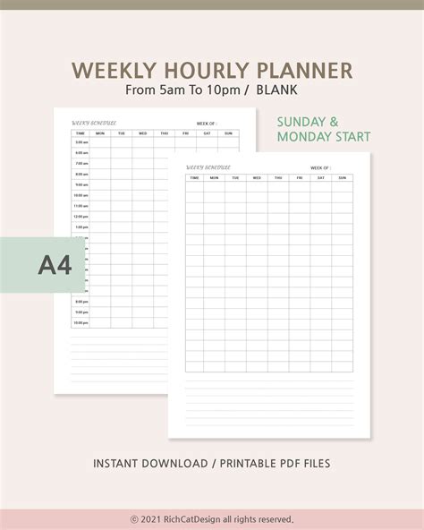 A4 Weekly Hourly Planner Printable, Undated Weekly Schedule, Student ...