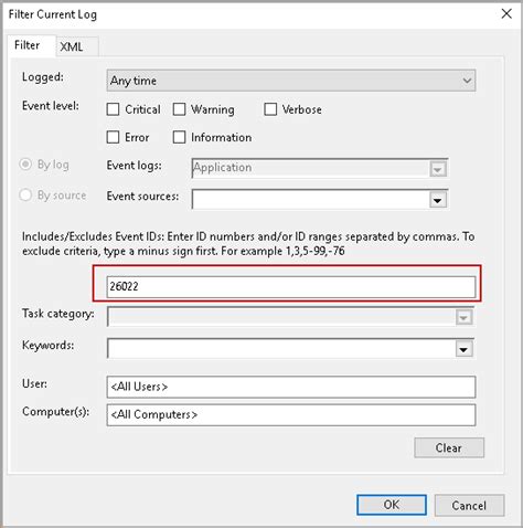 Toradh íomhá ar Configuring a Log Filter in Event Viewer