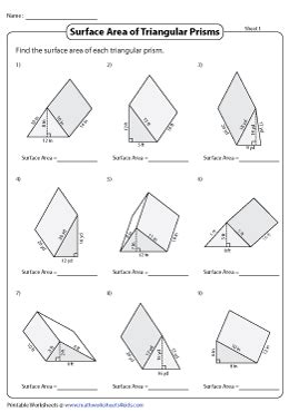 Surface Area of Triangular Prisms Worksheets