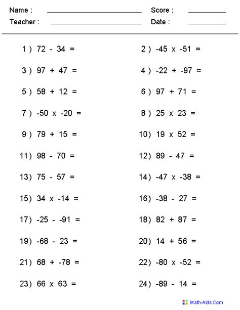 Image result for Negative Addition Problems Worksheet