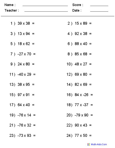 Image result for Multiplying Negative Number Sheet