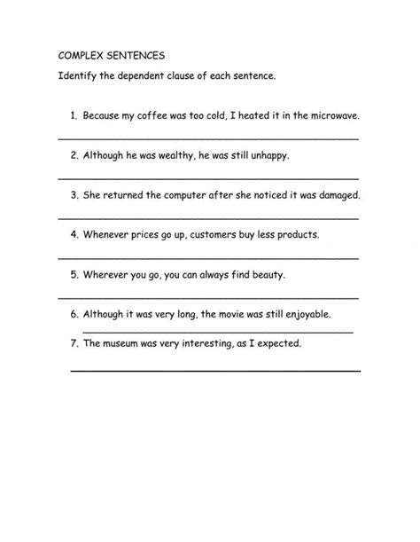 Complex Sentence Worksheet Printable に対する画像結果