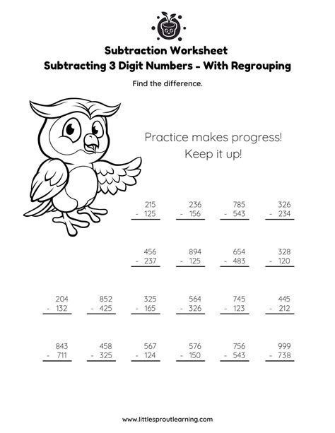 Toradh íomhá ar Subtracting 3-Digit Numbers Worksheet