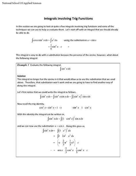Image result for Integral of Trigonometric Functions Worksheet